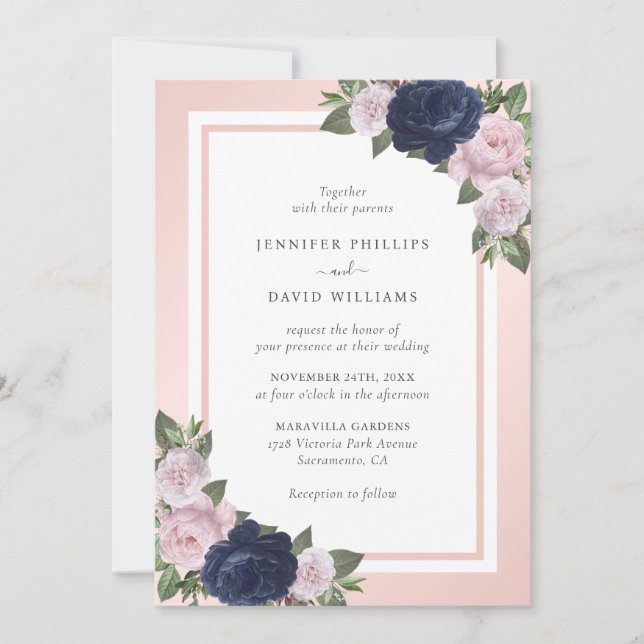 Invitation Elégant Mariage floral bleu et bleu marine (Devant)
