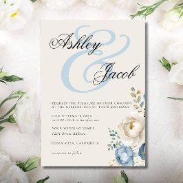 Invitation Elégant Mariage floral bleu et crème