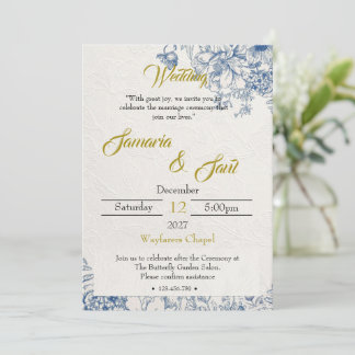 Invitation Élégant mariage floral bleu et or