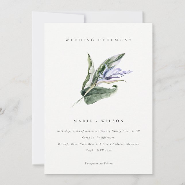 Invitation Élégant Mariage floral bleu feuillu tropical minim (Devant)