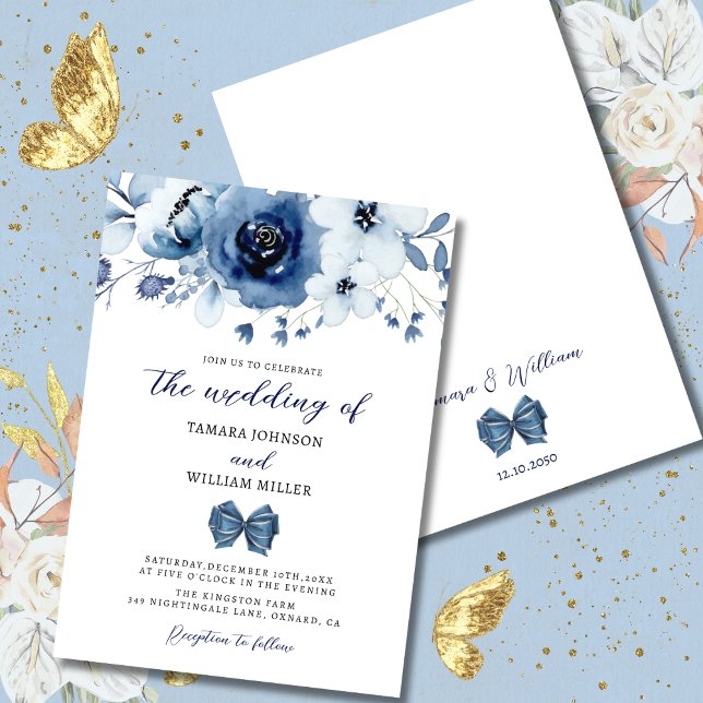 Invitation Élégant Mariage floral bleu foncé d'hiver (Créateur téléchargé)