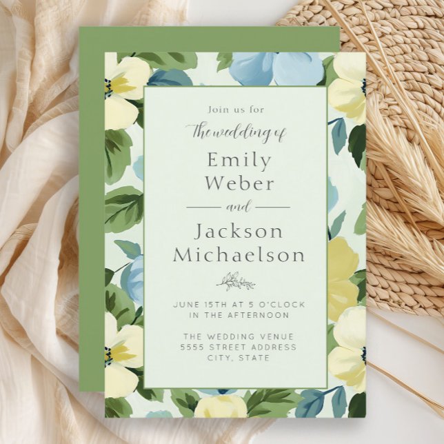 Invitation Elégant Mariage floral bleu-jaune (Elegant mint, blue, and yellow floral wedding invitation)