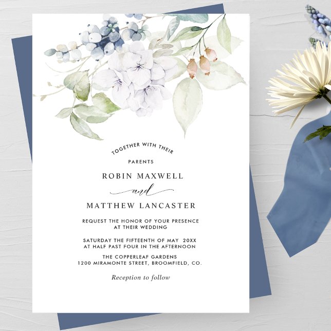 Invitation Elégant Mariage floral bleu marine (Créateur téléchargé)