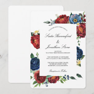 Invitation Élégant mariage floral bleu marine bordeaux rouge