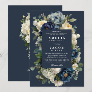 Invitation Élégant mariage floral bleu marine et pivoines bla
