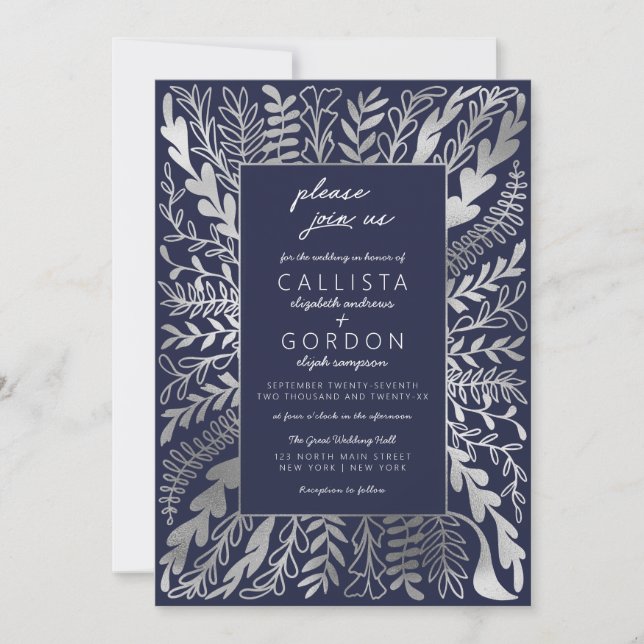 Invitation Elégant Mariage floral bleu marine Silver (Devant)