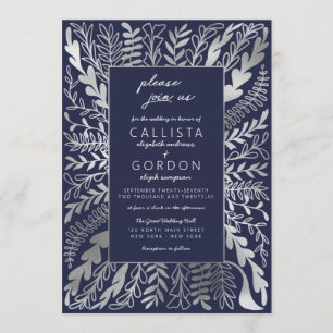 Invitation Elégant Mariage floral bleu marine Silver