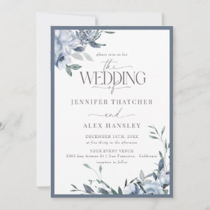 Invitation Élégant Mariage Floral bleu moderne Code Qr Rsvp