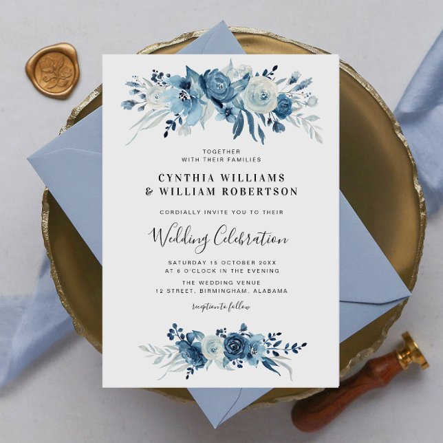 Invitation Élégant mariage floral bleu script (Créateur téléchargé)