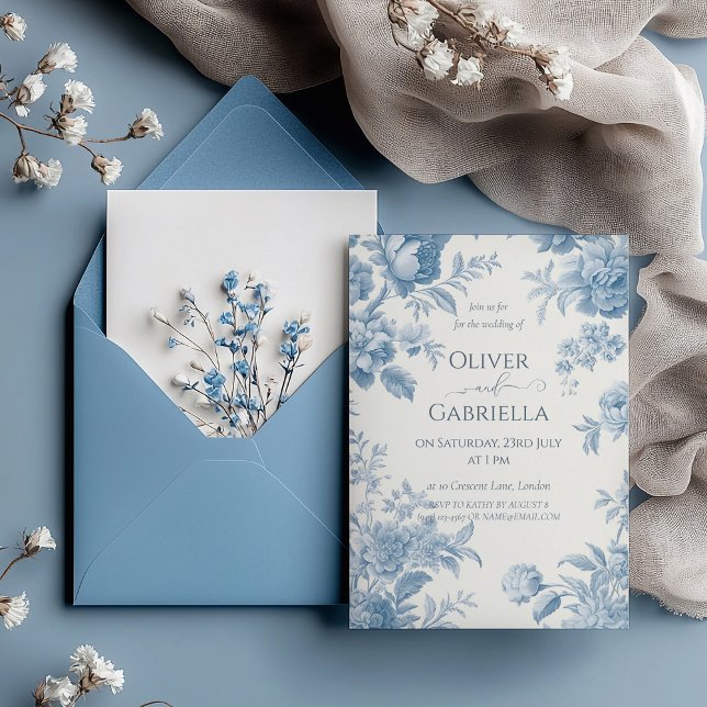 Invitation Élégant Mariage Floral bleu toile française (Créateur téléchargé)