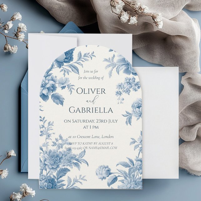 Invitation Élégant Mariage Floral bleu toile française (Créateur téléchargé)