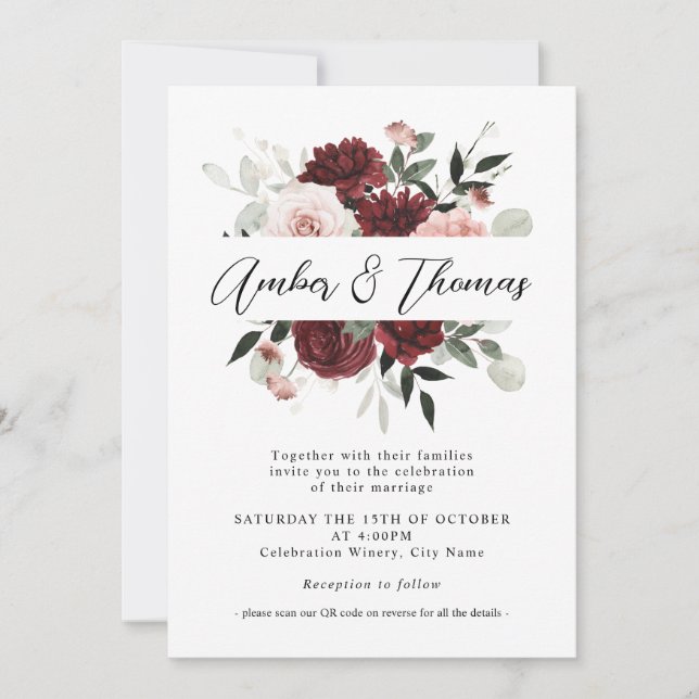 Invitation Élégant Mariage floral Blush Burgundy & Blush  (Devant)