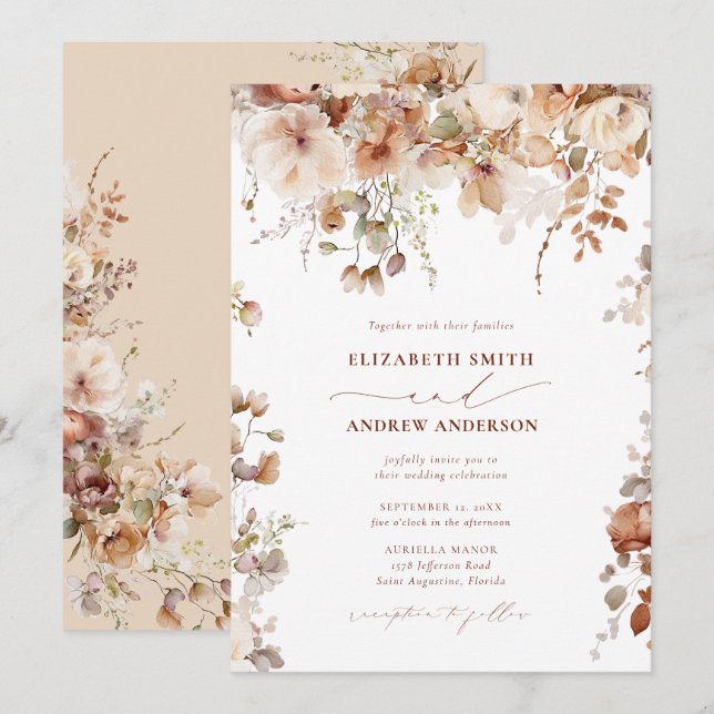 Invitation Élégant Mariage floral Boho (Devant / Derrière)