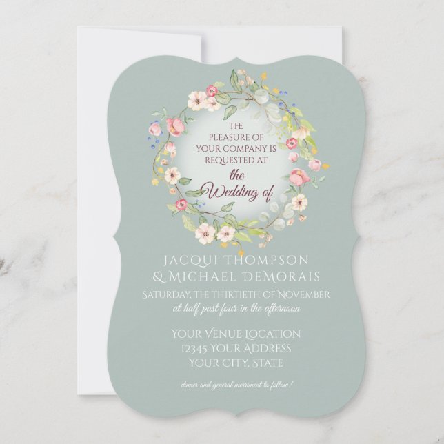 Invitation Élégant Mariage floral Boho argent de la couronne (Devant)