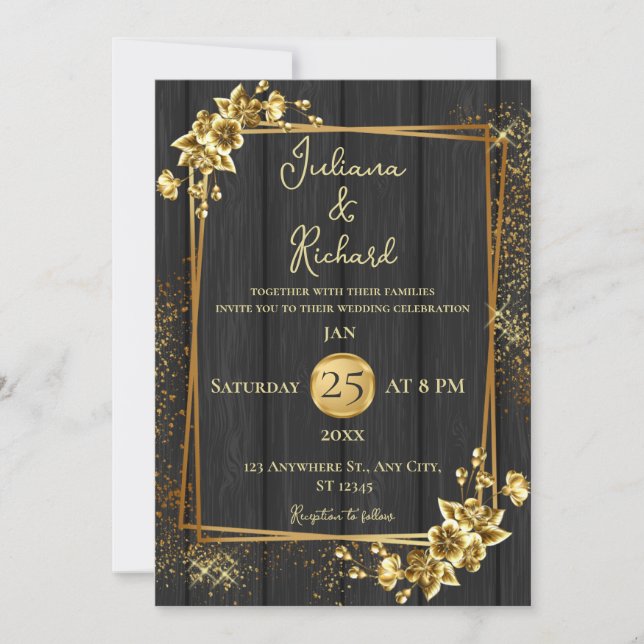Invitation Elégant Mariage Floral Bois Noir & Or (Devant)