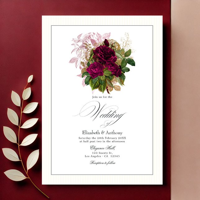 Invitation Élégant Mariage floral Bourgogne, Or et Blush (Elegant Burgundy, Gold and Blush Floral Wedding Invitation)