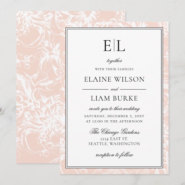 Invitation Élégant Mariage floral brillant Monogram (Devant / Derrière)