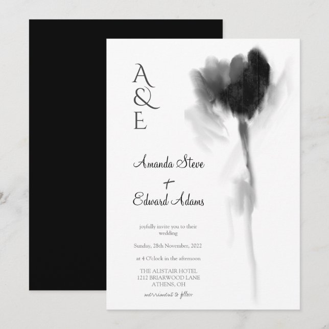Invitation Élégant Mariage floral chic noir et blanc Tulipe (Devant / Derrière)