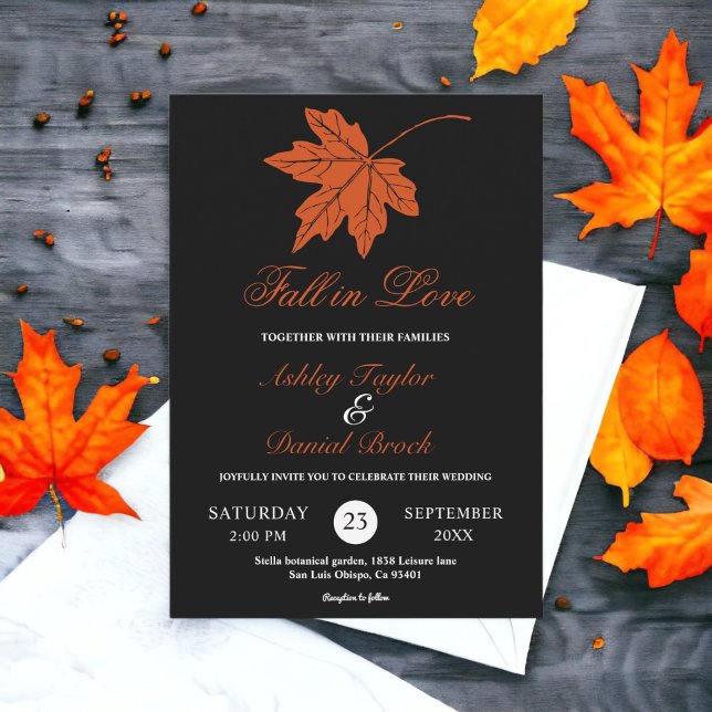 Invitation Élégant Mariage Floral Chute Noir Et Blanc Orange (Créateur téléchargé)