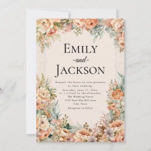 Invitation Élégant Mariage Floral Crème Pêche