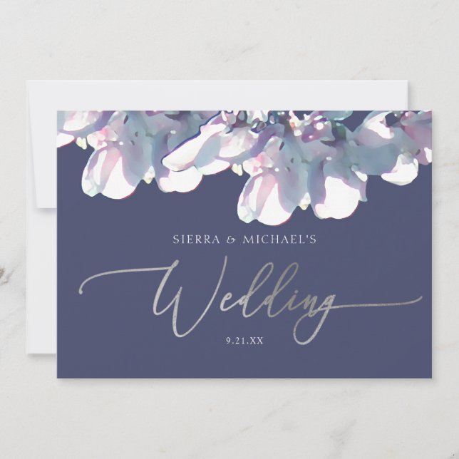 Invitation Élégant Mariage floral d'argent bleu Dusty (Devant)