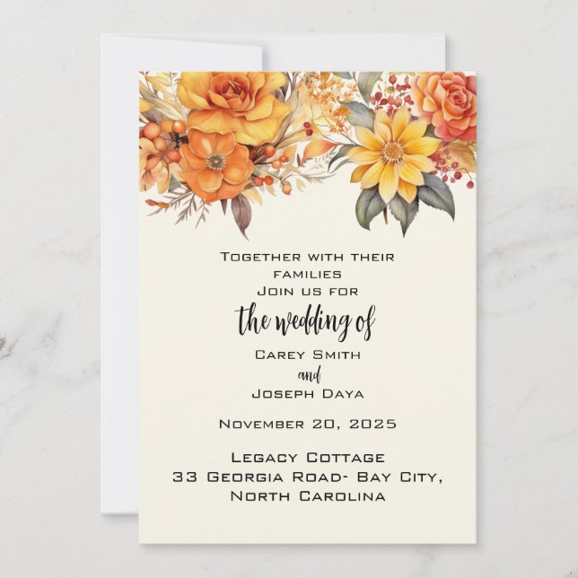 Invitation Élégant Mariage floral d'automne (Devant)