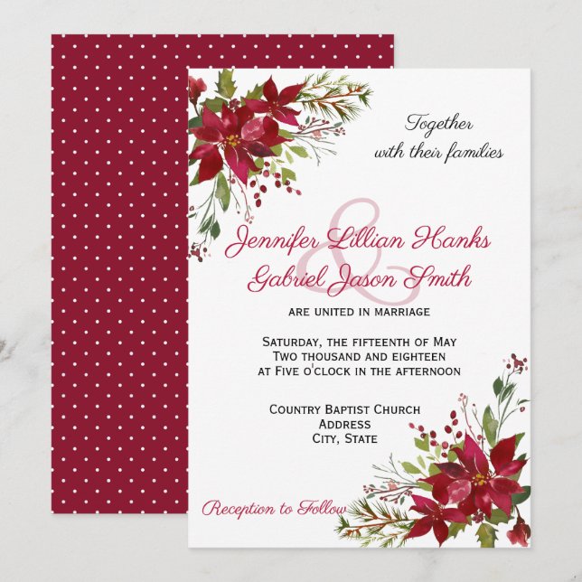 Invitation Élégant Mariage floral de Bourgogne d'hiver (Devant / Derrière)