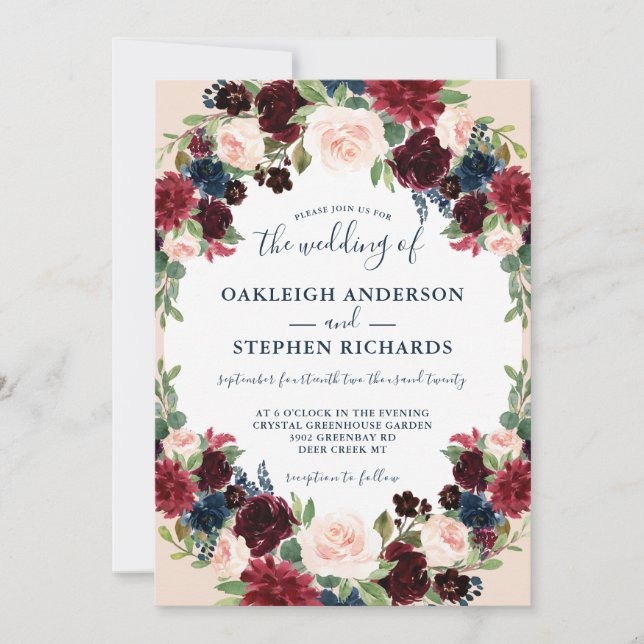 Invitation Élégant Mariage floral de Bourgogne, Marine et Ros (Devant)