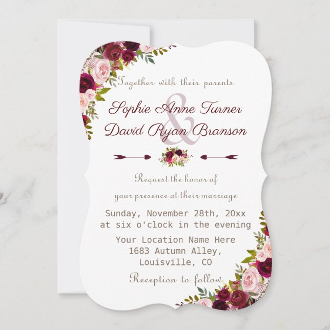 Invitation Élégant Mariage floral de Bourgogne Marsala (Devant)