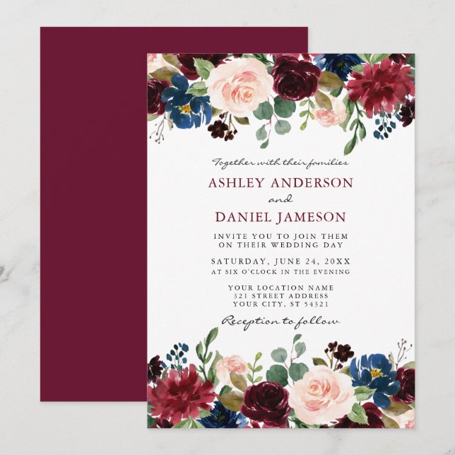Invitation Elégant Mariage floral de Bourgogne moderne (Devant / Derrière)