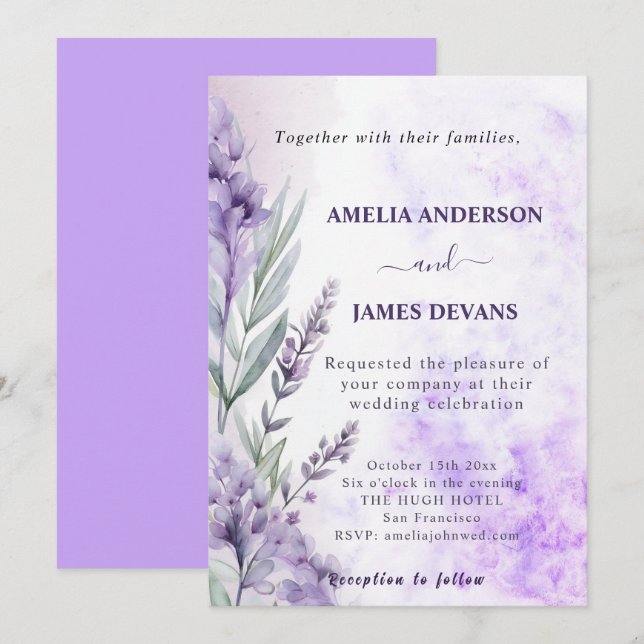 Invitation Elégant Mariage floral de la lavande d'aquarelle a (Devant / Derrière)