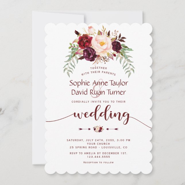 Invitation Élégant Mariage floral de la marsala rouge bordeau (Devant)