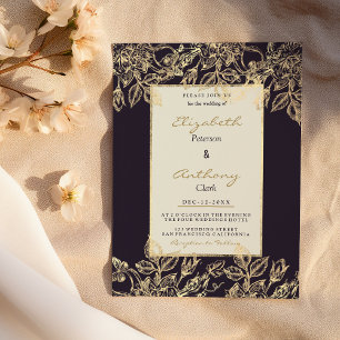 Invitation Élégant Mariage floral de luxe doré bordeaux foncé