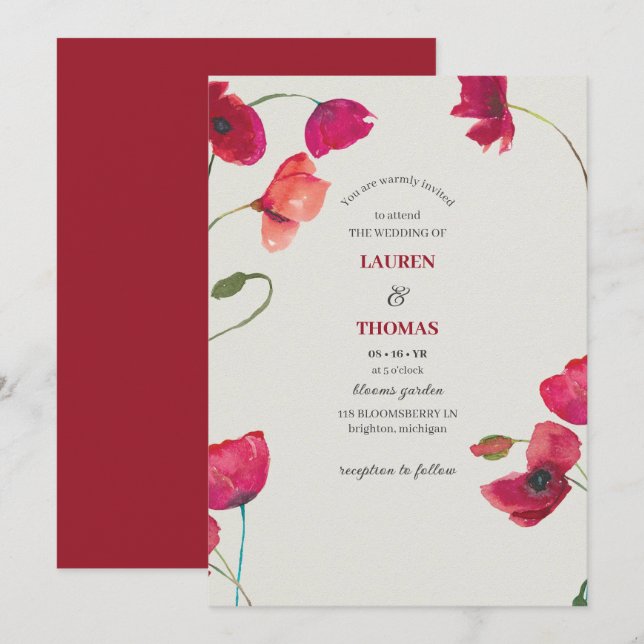 Invitation Élégant Mariage floral de pavot rouge (Devant / Derrière)
