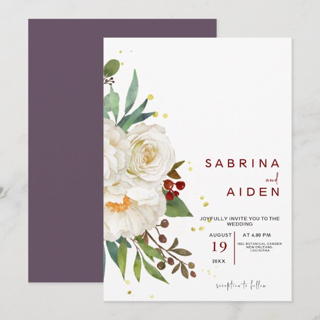 Invitation Élégant Mariage floral de rose blanche naturelle (Devant / Derrière)