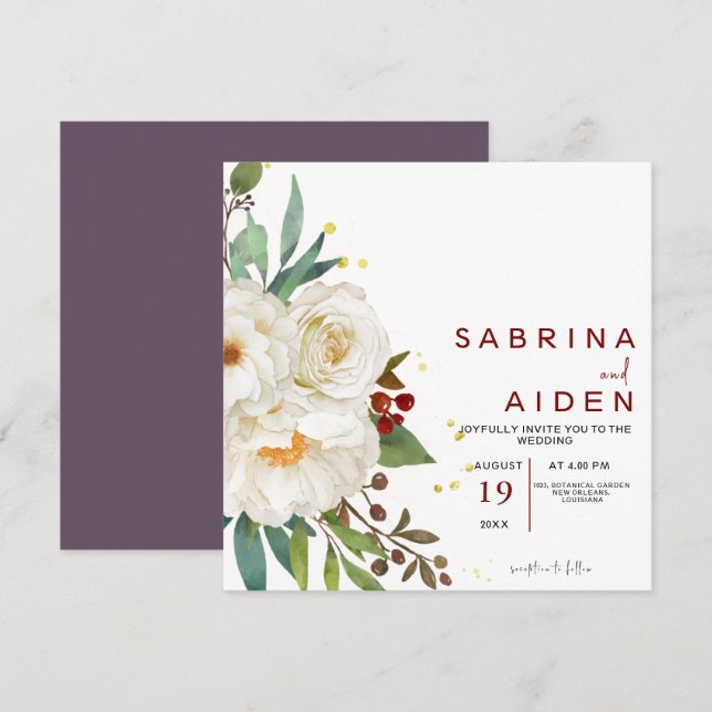 Invitation Élégant Mariage floral de rose blanche naturelle (Devant / Derrière)