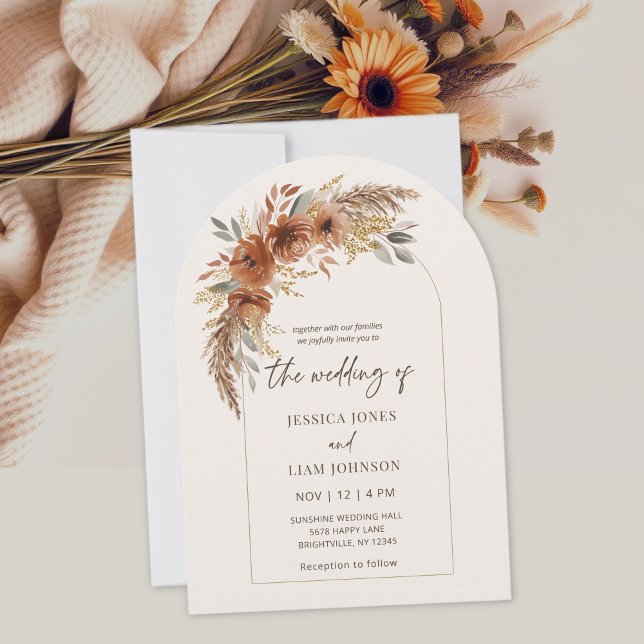 Invitation Élégant Mariage floral de tomate de terre moderne (Boho Burnt Orange Fall Floral Wedding Invitation)