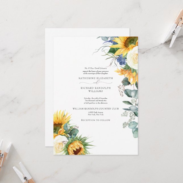 Invitation Élégant Mariage floral de tournesol à goutte (Devant/Arrière en situation)
