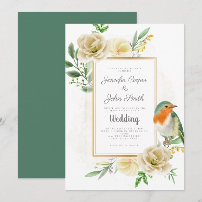 Invitation Elégant Mariage floral d'oiseaux aquarelle (Devant / Derrière)