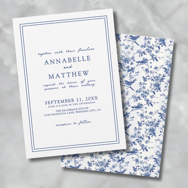 Invitation Élégant Mariage floral d'oiseaux chinoserie bleu (Elegant Blue Chinoserie Bird Floral Wedding Invitation)