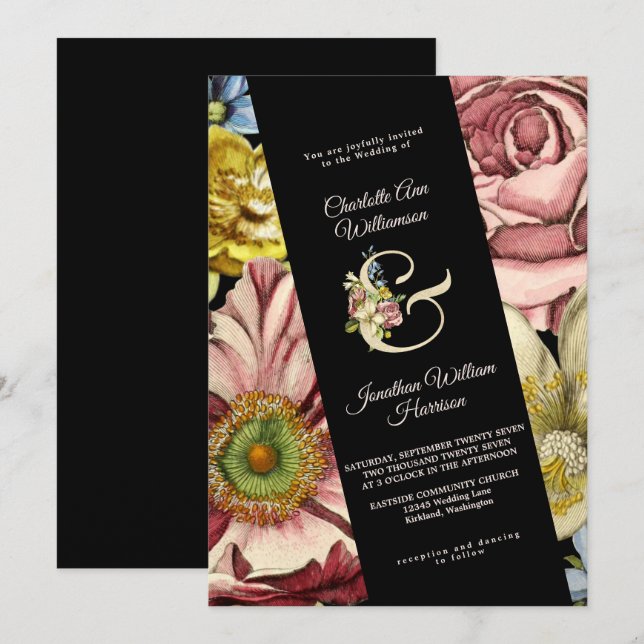 Invitation Élégant Mariage floral d'or noir de Bourgogne (Devant / Derrière)