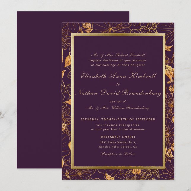 Invitation Élégant Mariage floral d'or violet de Bourgogne (Devant / Derrière)
