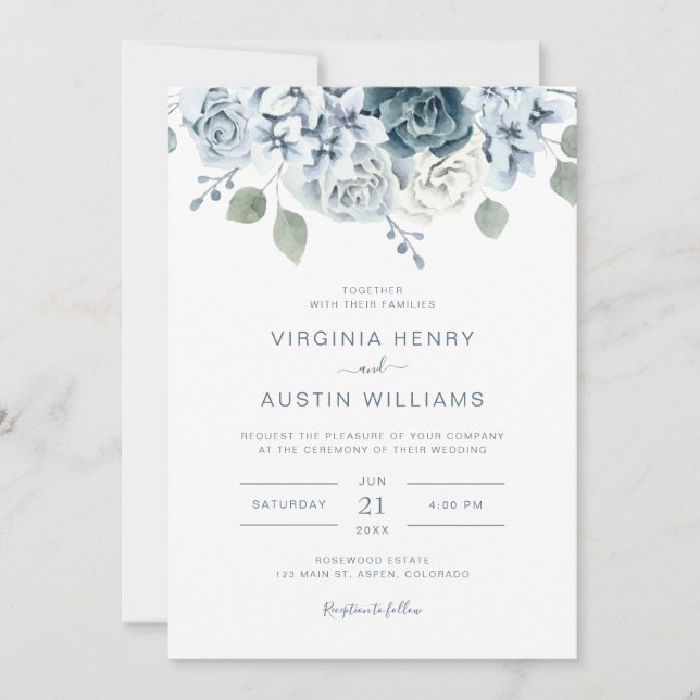 Invitation Élégant Mariage floral Dusty Blue (Devant)