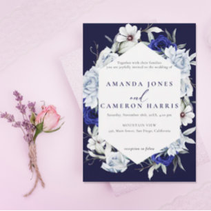 Invitation Elégant Mariage floral Dusty Blue Navy