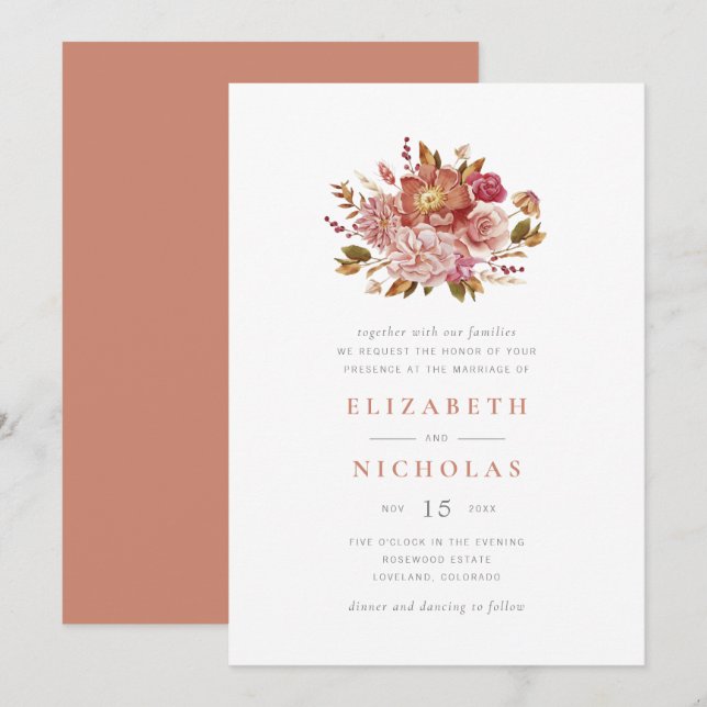 Invitation Élégant Mariage floral en terre cuite (Devant / Derrière)