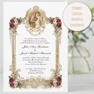 Invitation Élégant Mariage floral et Gold catholique