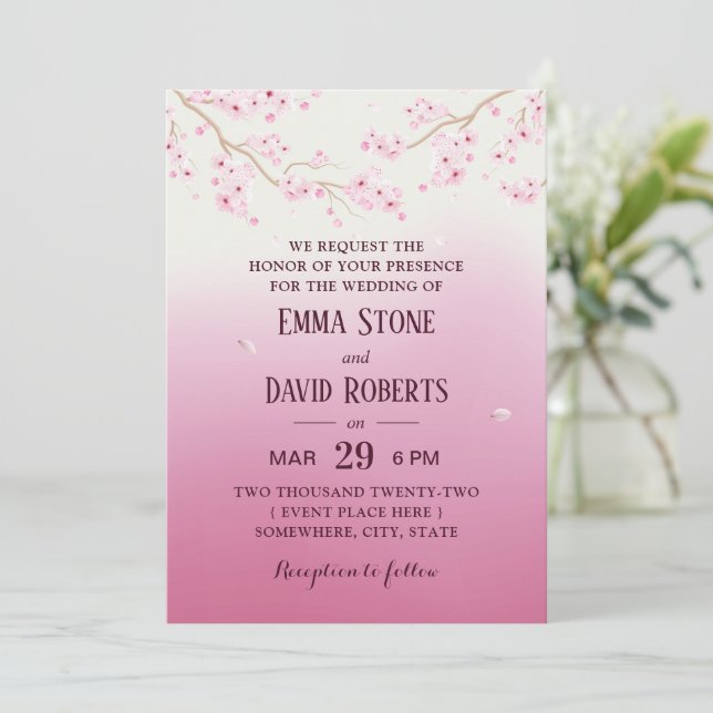 Invitation Élégant Mariage floral Fleur de Cerisier Rose Ombr (Debout devant)