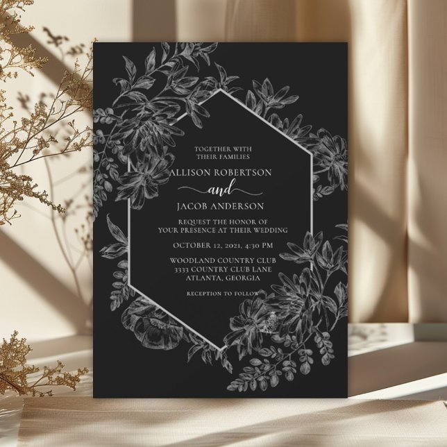Invitation Élégant Mariage floral géométrique noir et blanc (Créateur téléchargé)