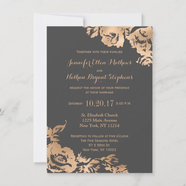 Invitation Élégant Mariage floral gris or moderne simple (Devant)