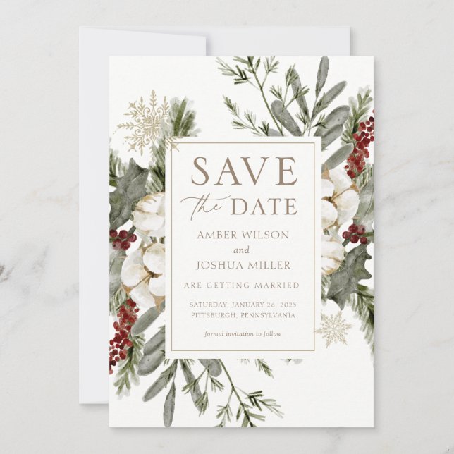 Invitation Élégant mariage floral hivernal Enregistrer la dat (Devant)